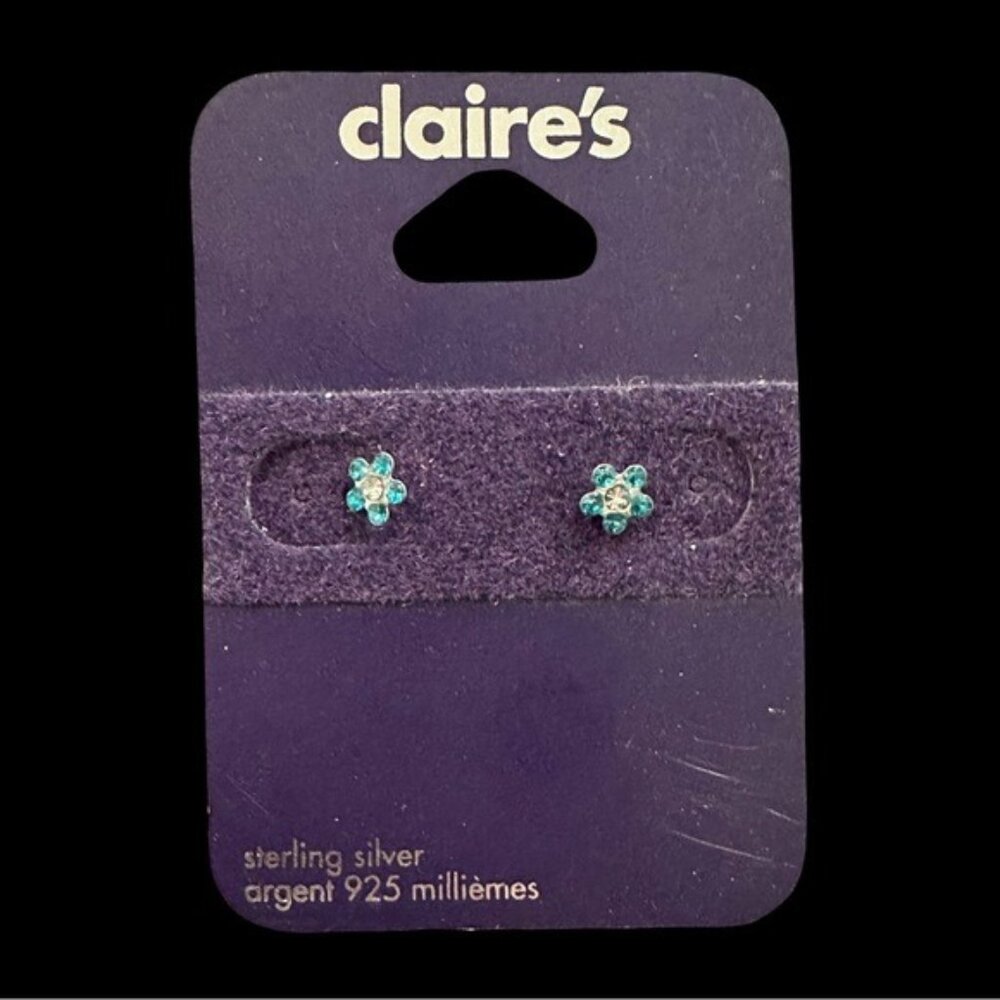 Claire's Sterling Silver Stud Earrings 925 Blue Crystal Flower NWT